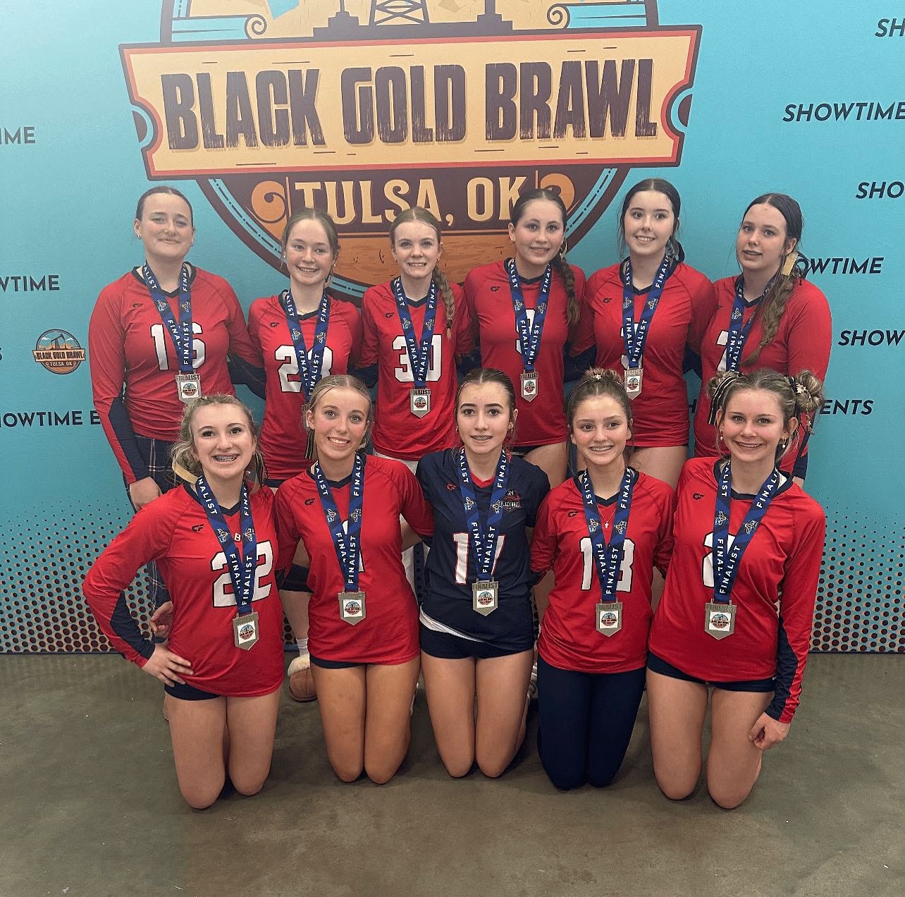Eleven 314 VBC players wearing Finalist medals in front of a Black Gold Brawl Tulsa, Oklahoma tournament backdrop.