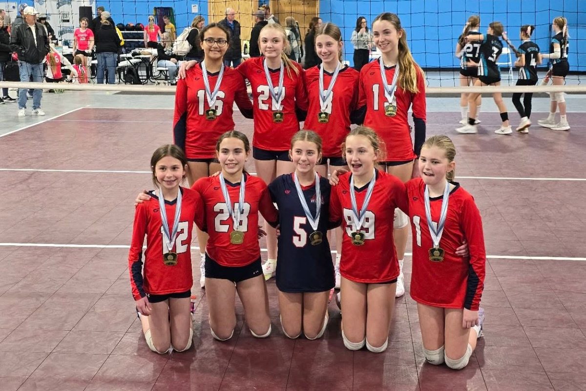A 314 Volleyball Club team kneeling and standing on court with gold medals after winning a tournament final